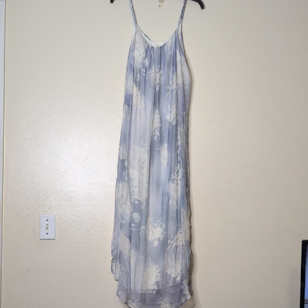 Cobblestone Italian 100% Silk maxi Flowy Blue White Floral Dress Size L/XL New